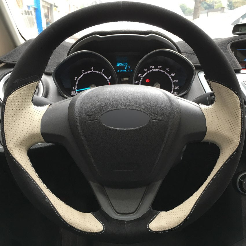 DIY Hand-stitched Car Steering Wheel Cover Black Suede Beige Leather for Ford Fiesta 2008-2013 Ecosport 2013-2016
