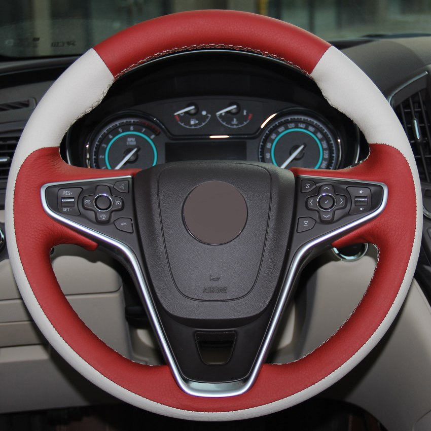 Red White Genuine Leather Hand-stitched Car Steering Wheel Cover for Buick Regal Opel Insignia 2014 2015