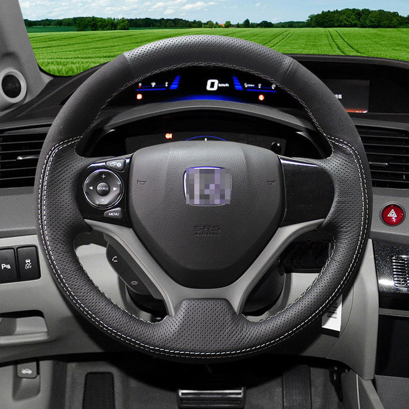 For Honda Civic 9th Hand Sewing steering wheel Cover Black Suede-Balck leather
