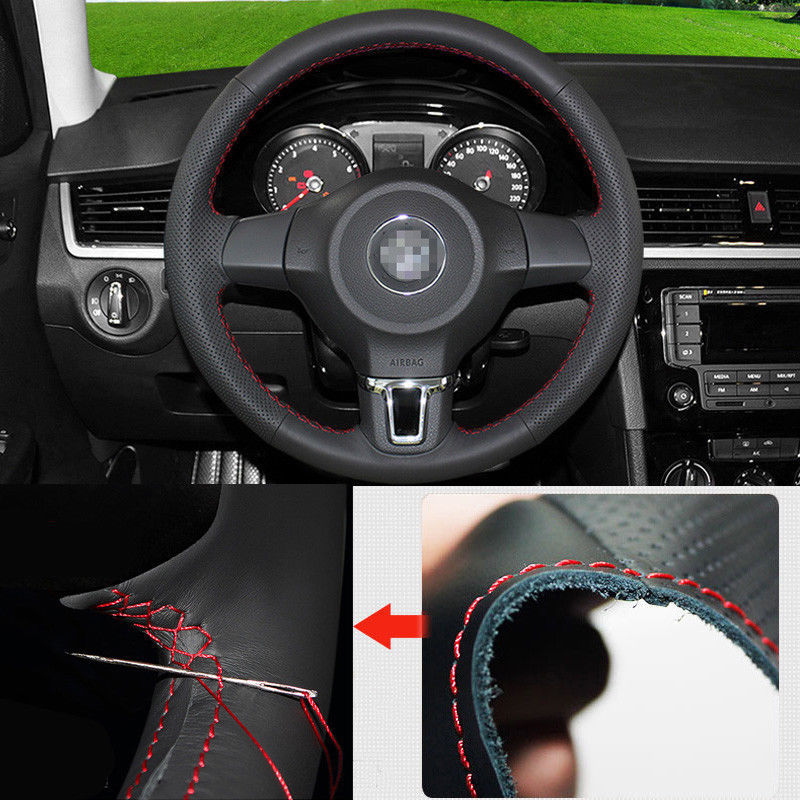 For VW Sagitar-Bora Car Steering Wheel Cover Non-slip Hand Sewing Black Leather