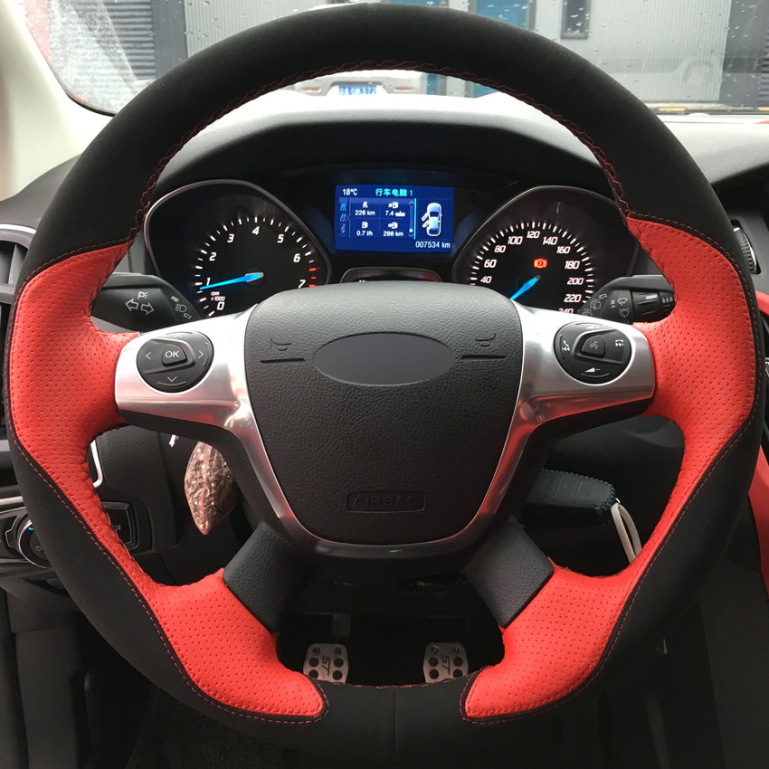 DIY Hand-stitched Car Steering Wheel Cover Black Suede Red Leather for Ford Focus 3 2012-2014 KUGA Escape 2013-2016
