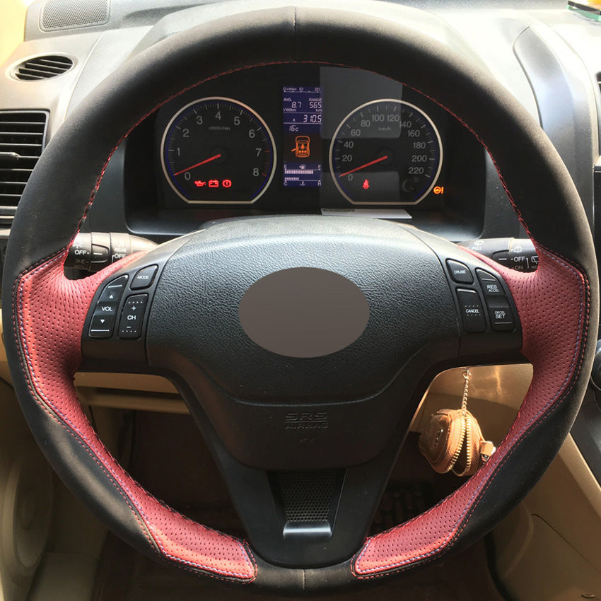DIY Hand-stitched Car Steering Wheel Cover Black Suede Wine Red Leather for Honda CRV 2007-2011