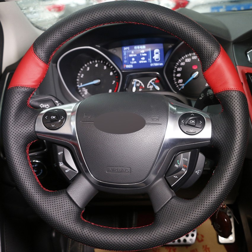 DIY Hand-stitched Car Steering Wheel Cover Black Red Leather for Ford Focus 3 2012-2014 KUGA Escape 2013-2016