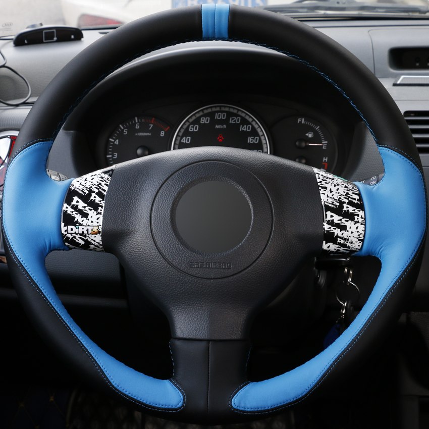 DIY Hand-stitched Steering Wheel Cover Black Light Blue Leather for Suzuki SX4 Alto Old Swift
