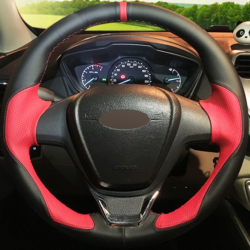 DIY Hand-stitched Car Steering Wheel Cover Black Red Leather for Ford Fiesta 2008-2013 Ecosport 2013-2016