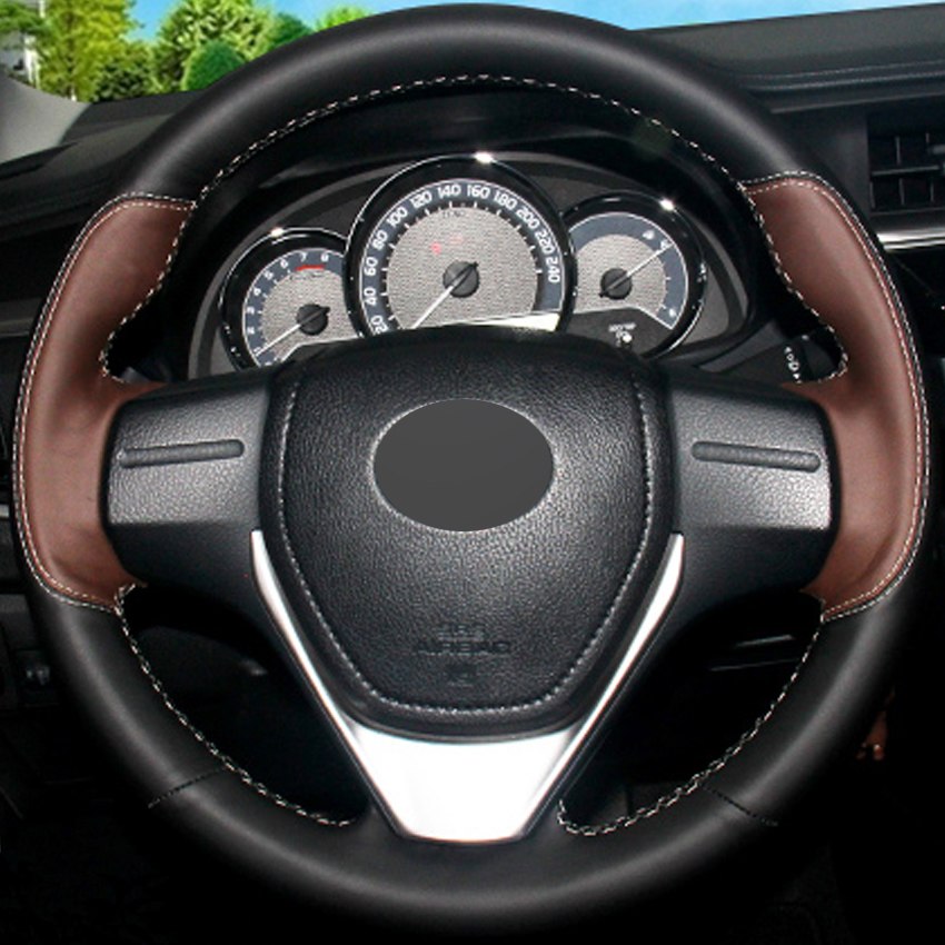 Black Palm Red Genuine Leather Hand-stitched Car Steering Wheel Cover for Toyota RAV4 2013-2016 Toyota Corolla 2014-2016 Scion