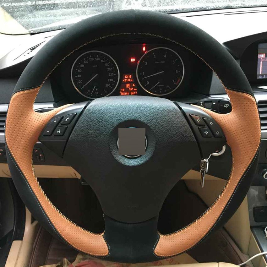 DIY Hand-stitched Steering Wheel Cover Orang Leather Black Suede for BMW E60 E61 520i 520li 523 523 523li 525 525i 530 530i 535