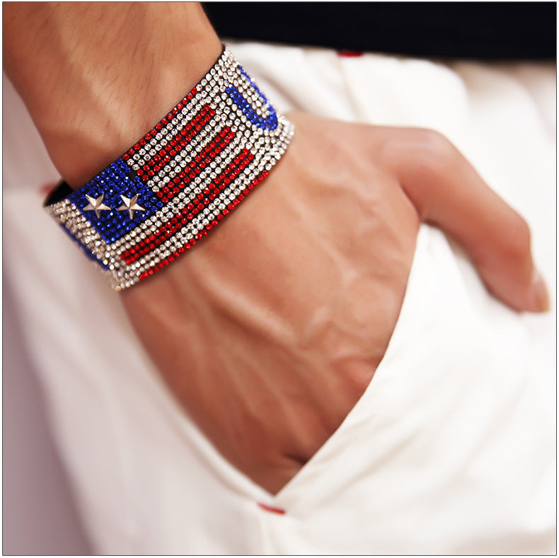 hot sales hiphop style men women bracelets rap singer usa flag rhinestone hot drill fashion nightclub hand chain bangle