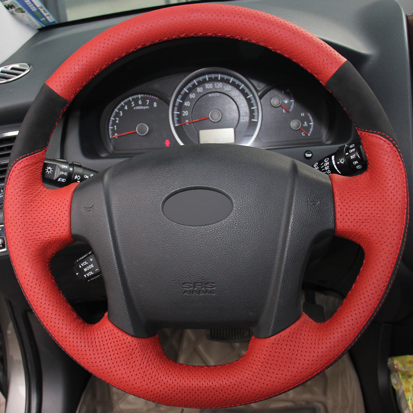Red Genuine Leather Black Suede Hand-stitched Car Steering Wheel Cover for Kia Sportage 2 2005-2010 2009 Sportage