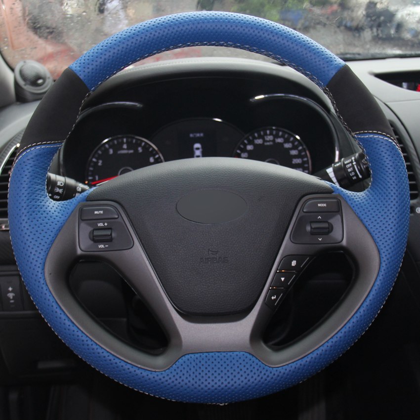 Blue Genuine Leather Black Suede Hand-stitched Car Steering Wheel Cover for Kia K3 Kia Ceed Cee&#039;d 2013 2014