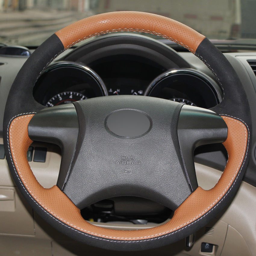 Orange Genuine Leather Black Suede Hand-stitched Steering Wheel Cover for Toyota Highlander Toyota Camry 2007-2011