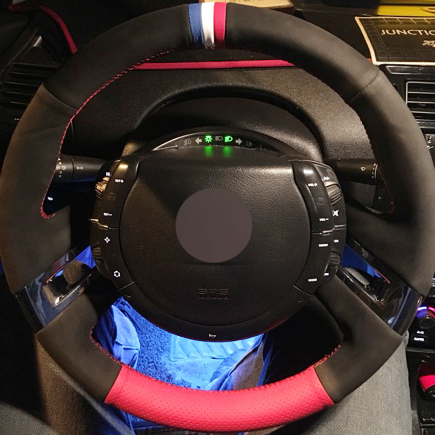DIY Hand-stitched Red Genuine Leather Black Suede Car Steering Wheel Cover for Citroen C4 Picasso 2007-2013