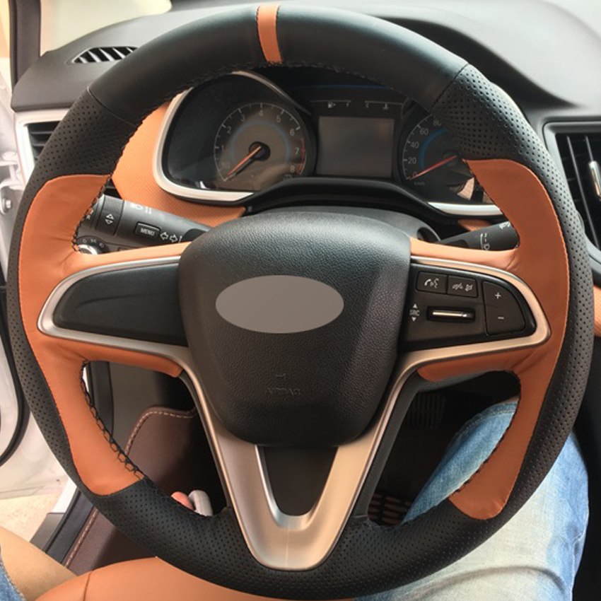 Black Brown Genuine Leather Car Steering Wheel Cover for Chevrolet Sail 2015-2017 Lova Aveo 2016 2017 Cavalier 2016 2017