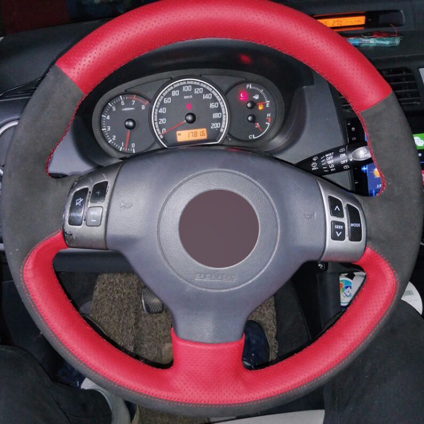 Red Genuine Leather Black Suede DIY Hand-stitched Car Steering Wheel Cover for Suzuki Swift 2011 2012 2013