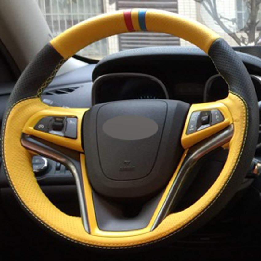 Black Yellow Genuine Leather DIY Car Steering Wheel Cover for Chevrolet Malibu 2011-2014 Volt 2011-2015