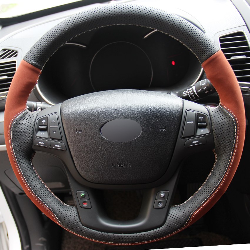 Black Genine Leather Brown Suede Car Steering Wheel Cover for Kia Sorento 2009-2014 Kia Cadenza K7 2011-2015