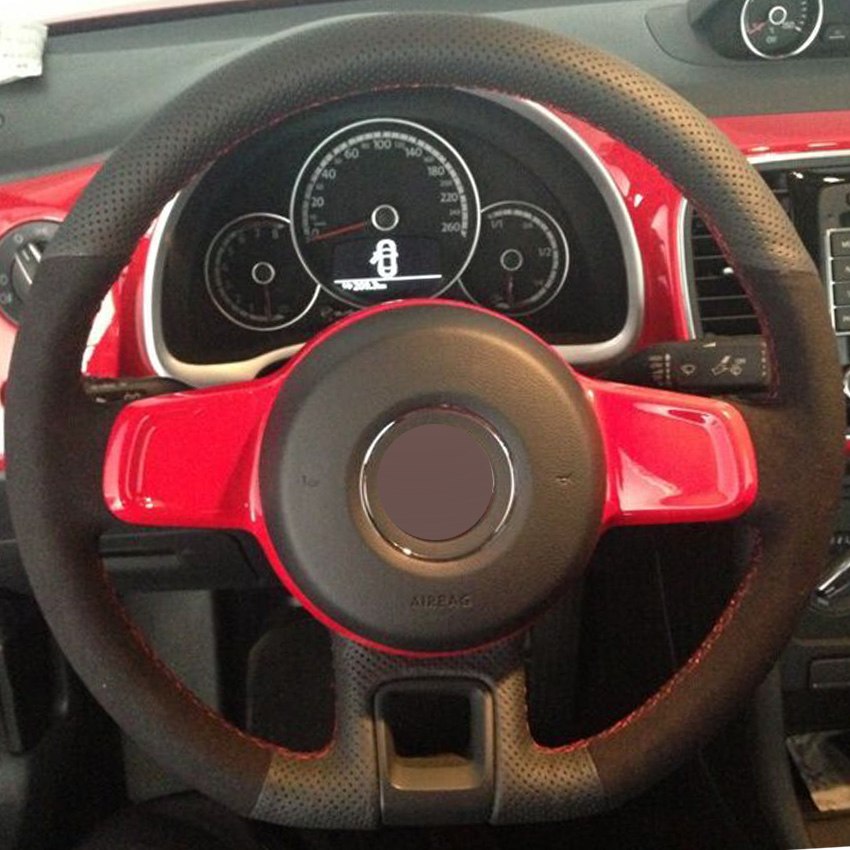 Black Genuine Leather Suede Hand-stitched Car Steering Wheel Cover for Volkswagen VW Beetle 2012-2016 Up 2013-2016