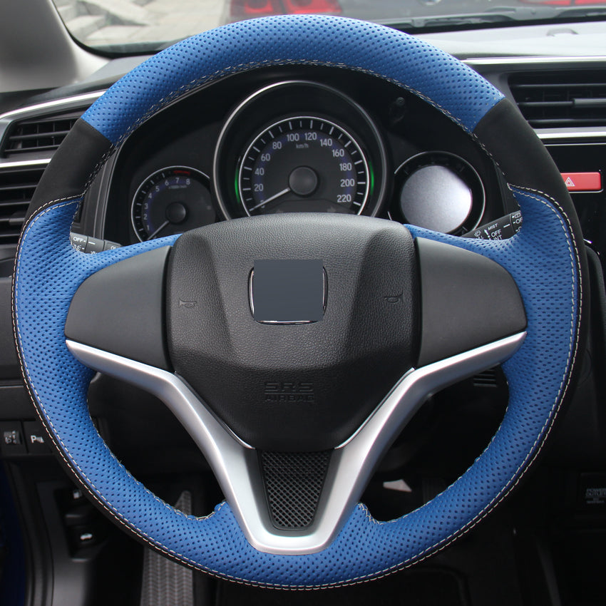 Blue Genuine Leather Black Suede Hand-stitched Steering Wheel Cover for Honda New Fit City Jazz 2014 2015 HRV HR-V 2016