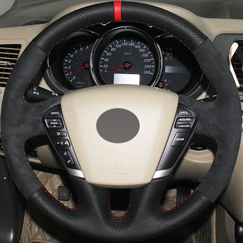 Black Genuine Leather Suede Hand-stitched Car Steering Wheel Cover for Nissan Teana 2008-2012 Murano 2009-2014