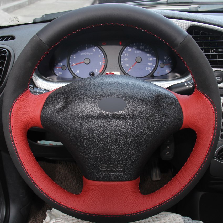 Red Black Genuine Leather Black Suede Car Steering Wheel Cover for Ford Fiesta 4 Mk4 1996-2006 Old Fiesta