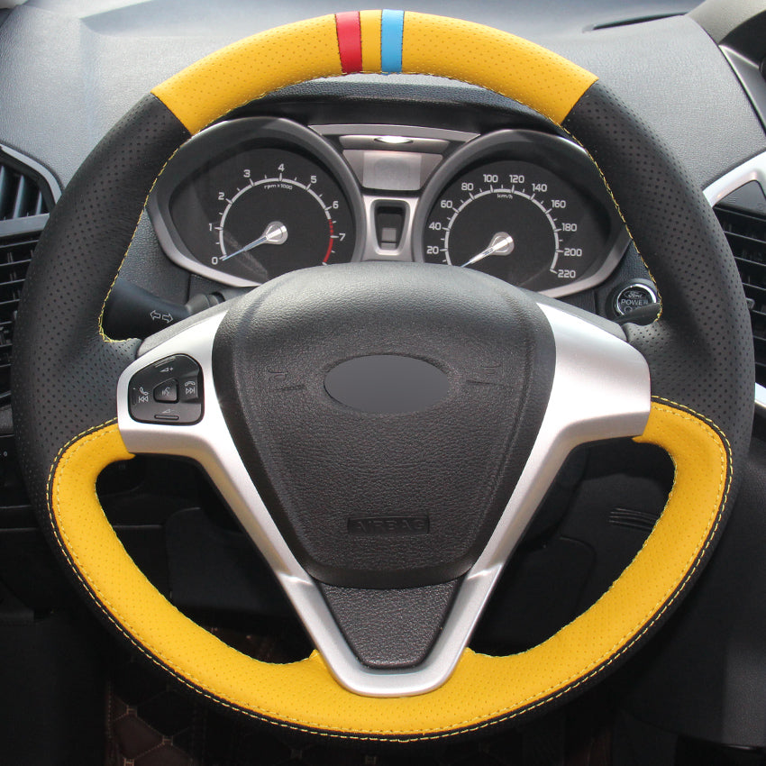 Yellow Black Genuine Leather Car Steering Wheel Cover for Ford Fiesta 2008-2013 Ecosport 2013-2016