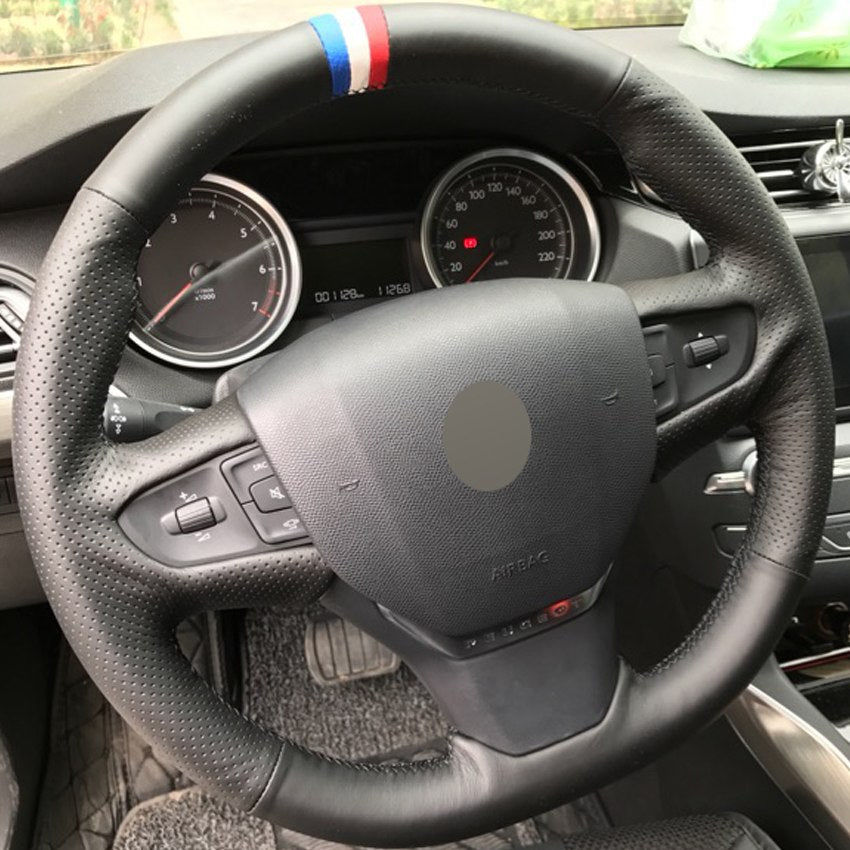 Black Genuine Leather DIY Hand-stitched Car Steering Wheel Cover for Peugeot 408 2014 2015