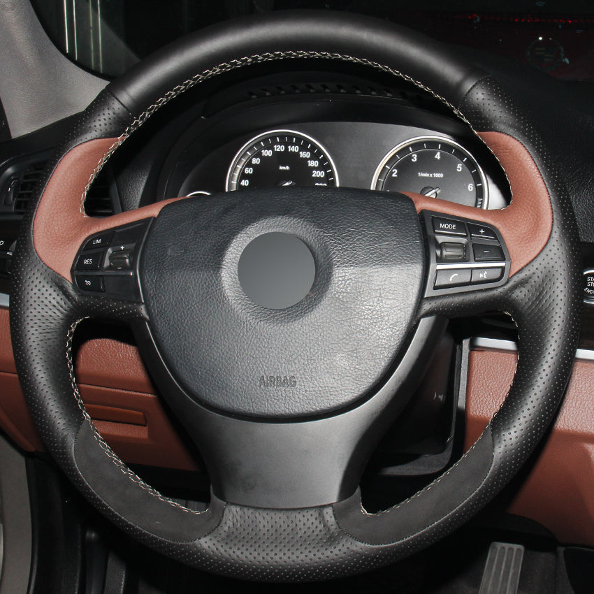 Car Steering Wheel Cover Palm Red Black Genuine Leather Black Suede for BMW F10 523Li 525Li 2009 730Li 740Li 750Li