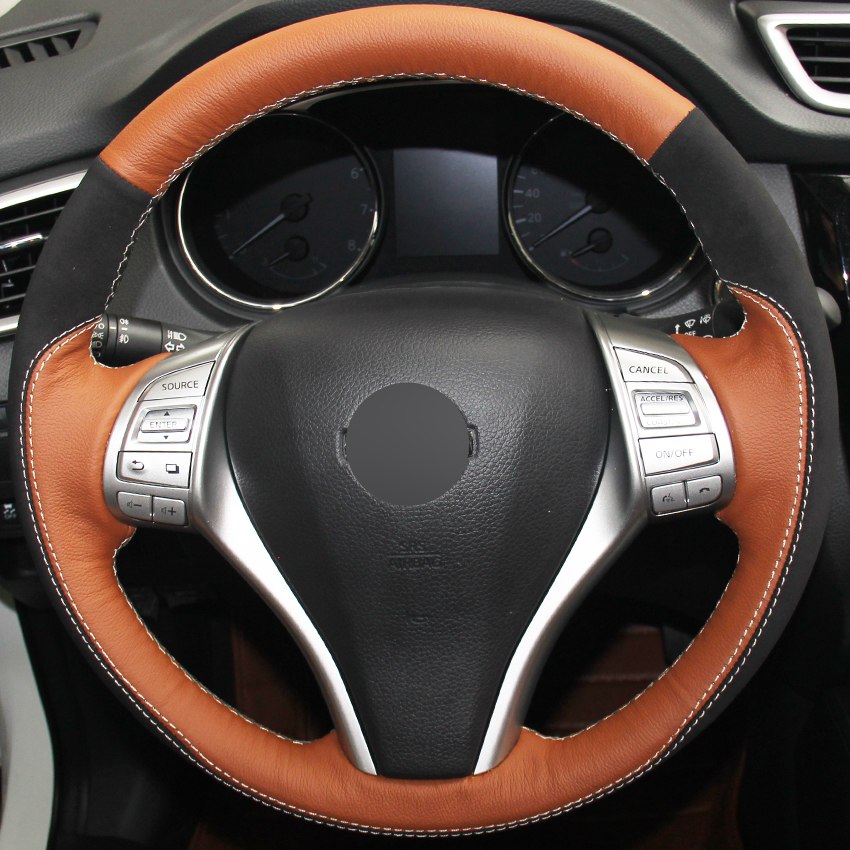 Orange Genuine Leather Black Suede Car Steering Wheel Cover for Nissan Teana Altima 2013-2016 X-Trail QASHQAI Rogue 2014
