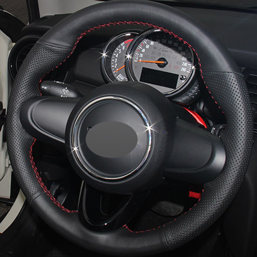 DIY Hand-stitched Black Genuine Leather Car Steering Wheel Cover for BMW Mini Coupe 2016