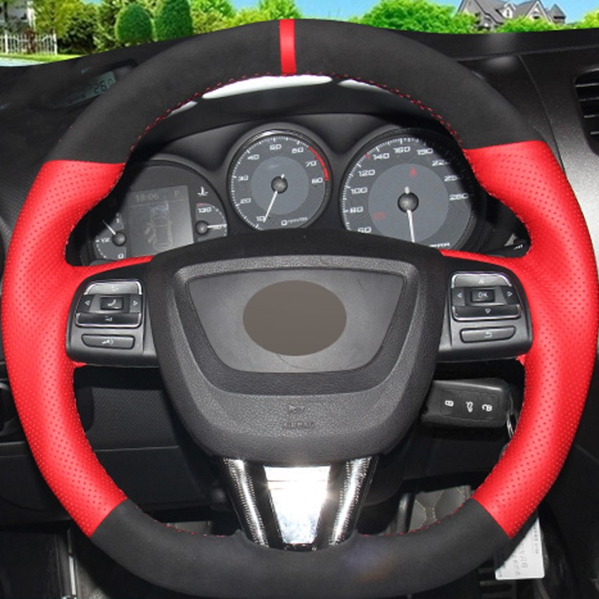 Red Genuine Leather Black Suede Car Steering Wheel Cover for Seat Leon
