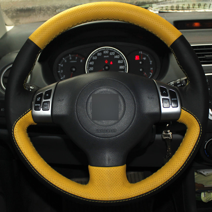 Yellow Black Genuine Leather Hand-stitched Car Steering Wheel Cover for Suzuki Swift (Multifunction button version)