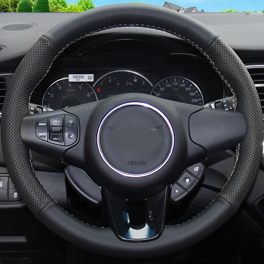 Black Genuine Leather DIY Hand-stitched Car Steering Wheel Cover for Kia Carens 2012 2013