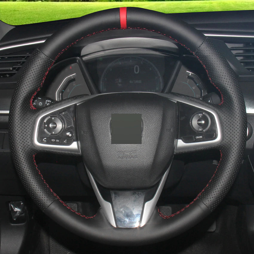 Black Genuine Leather Red Marker DIY Hand-stitched Car Steering Wheel Cover for Honda Civic Civic 10 2016