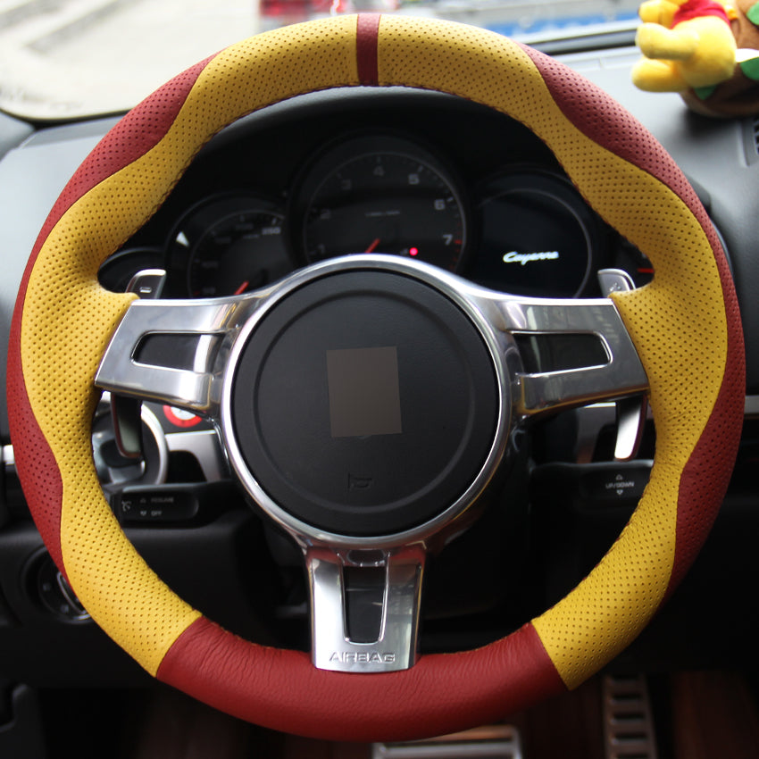 Hand-stitched Car Steering Wheel Cover Red Yellow Genuine Leather for Porsche Cayenne Panamera 2012 2013