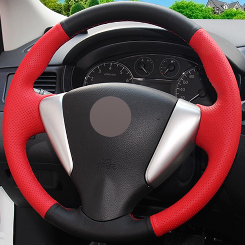 Black Red Genuine Leather Hand-stitched Car Steering Wheel Cover for Nissan Tiida Sylphy Sentra Versa Note 2014-2017
