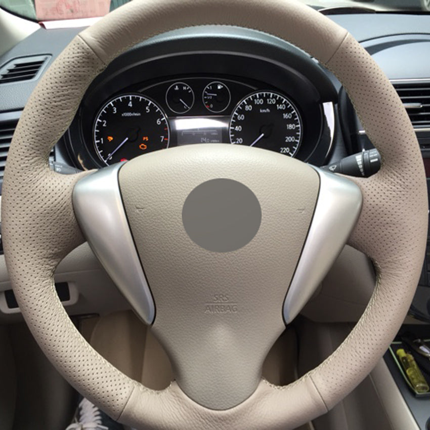 Beige Genuine Leather Hand-stitched Car Steering Wheel Cover for Nissan Tiida Sylphy Sentra Versa Note 2014-2017