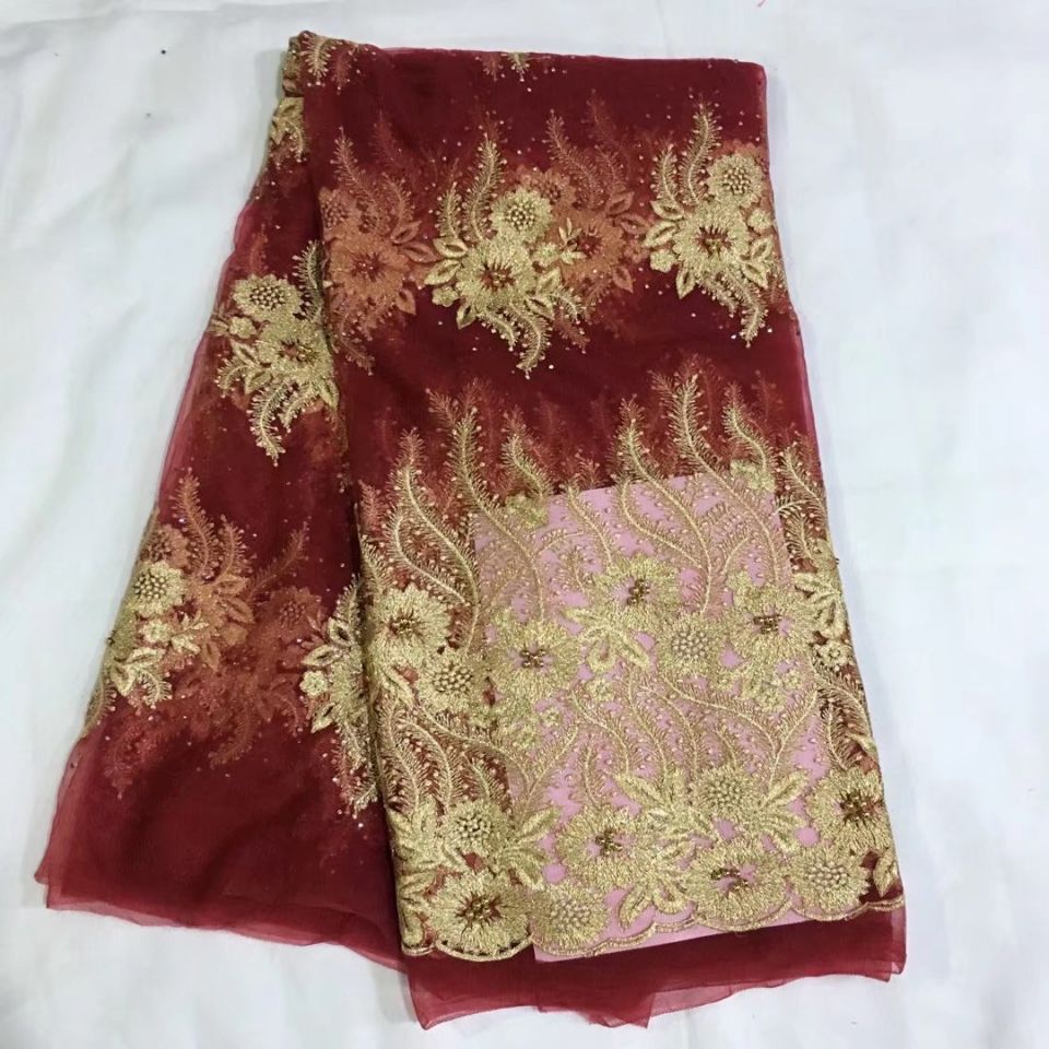 5 Yards-pc Nice looking wine french net lace fabric with beads and gold embroidery african mesh lace for dress HS9-8