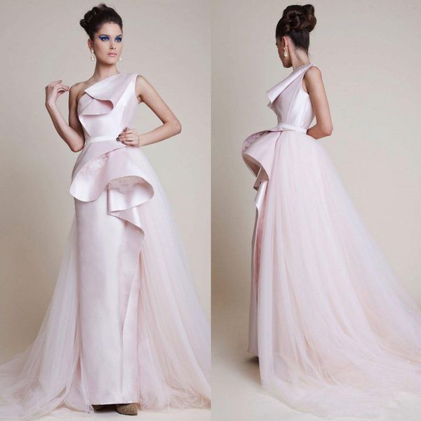 Designer Pink One Shoulder Evening Dresses Overskirt Sheath Prom Gowns Satin Or Length Formal Dress