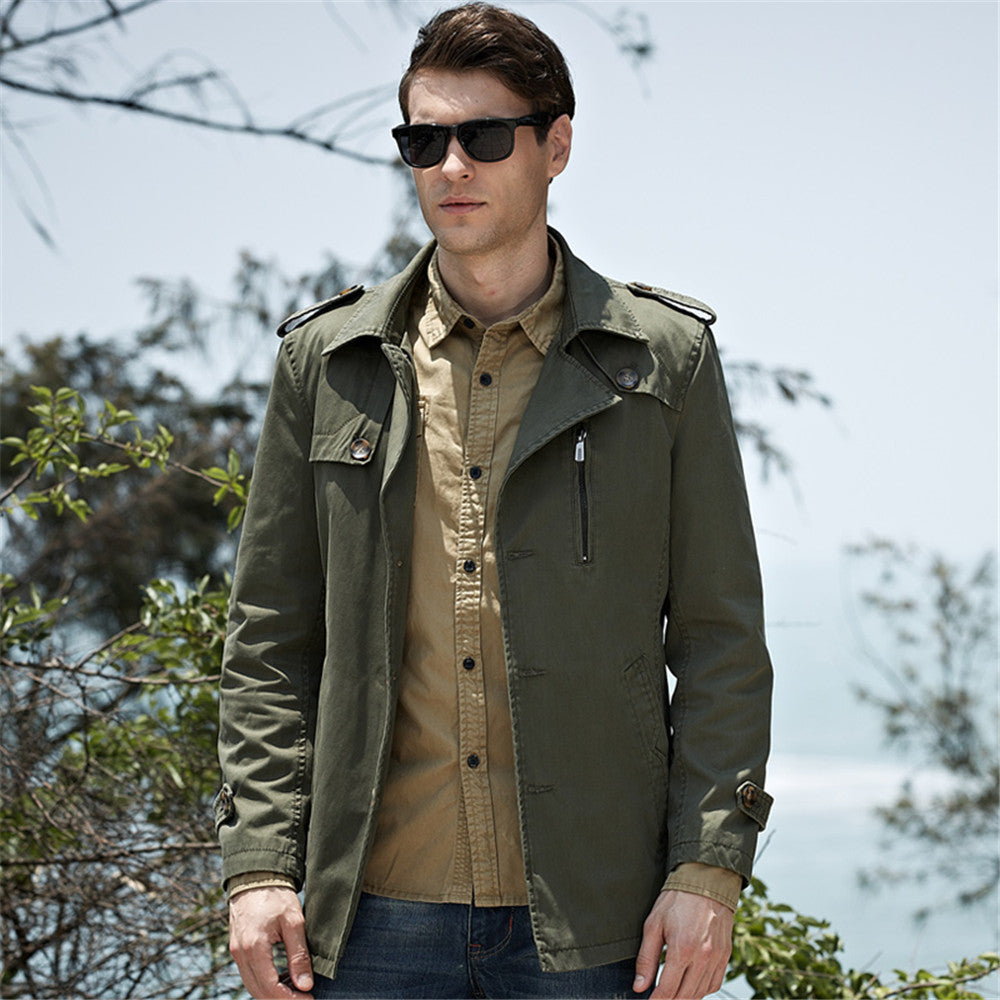 Europe US Russia Tide Men Lapel Neck Pocket Single Button Slim Trench Coat Green Cotton Blend Buttons patchwork Vestidos Casual Outerwear