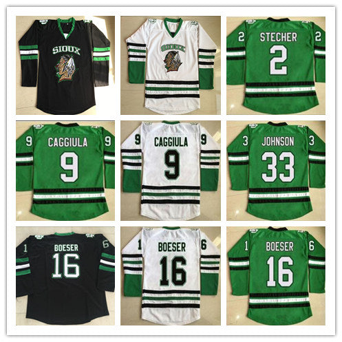 Men&#039;s North Dakota Fighting Sioux College Jerseys Hockey 2 STECHER 9 CAGGIULA 16 Brock Boeser 33 Cam Johnson University Cheap
