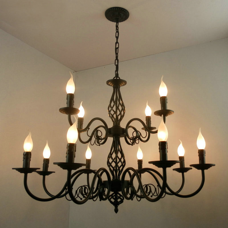 Luxury Rustic Wrought Iron Chandelier E14 Candle Black Vintage Antique Home led Chandeliers For Living room European pendant lamp lighting