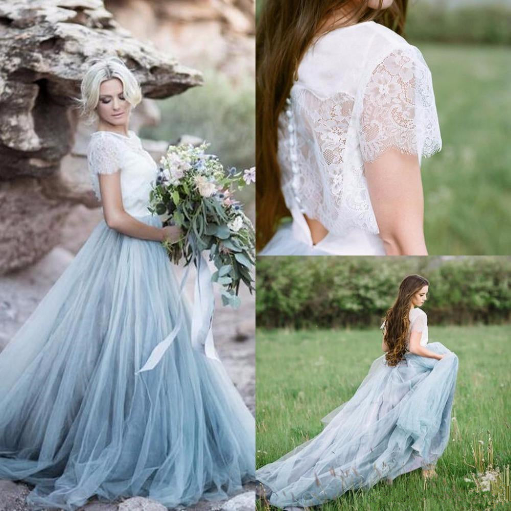 Fairy 2021 Beach Boho Lace Wedding Dresses Scoop A Line Soft Tulle Short Sleeves Backless Light Blue Skirts Plus Size Bohemian