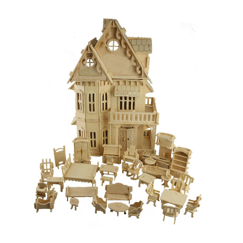 Toy 3D Puzzle DIY Play cube Gothic Dolls House Wooden Scale Models 1 Sets=1*House + 34*pcs Furniture 30*18*45CM