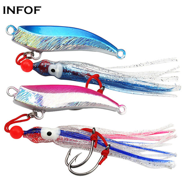 INFOF 50 piece Lead Jig Head 80g 100g Trolling Jigs with Squid Skirts 2 Single-assist Hooks Jigging Saltwater Fishing Lur