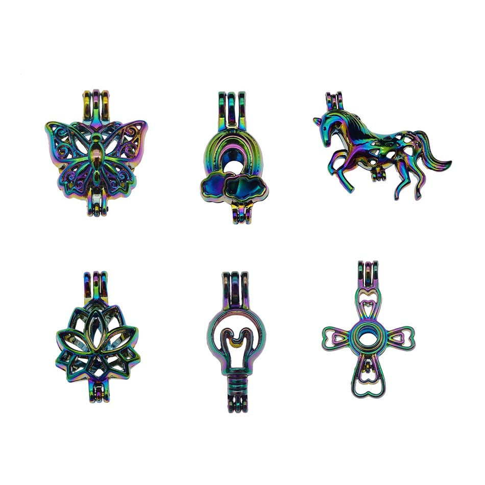 6pcs Rainbow Color mixture Lamp Pearl Cage Beads Cage Locket Pendant Essential Oil Diffuser DIY Jewelry For Oyster Pearls