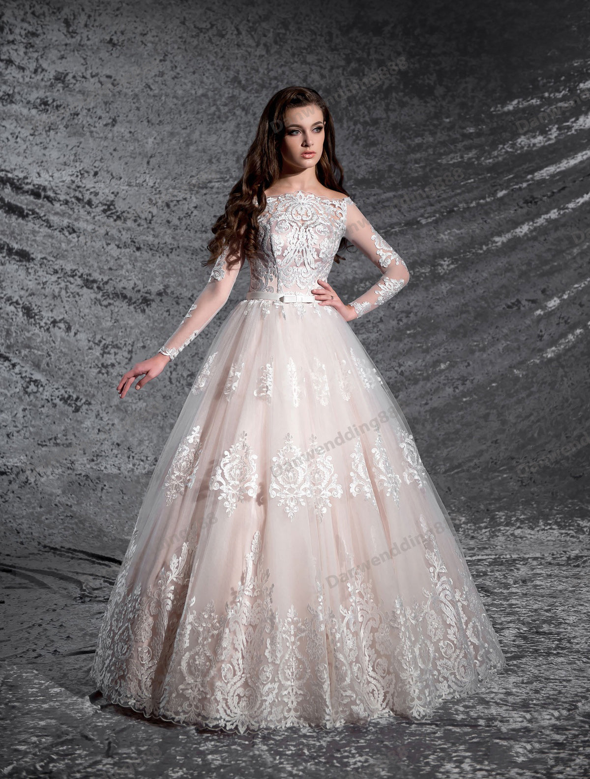 Beauty Pink Champagne-Ivory Sleeves Applique A-Line Wedding Dresses Bridal Pageant Dresses Wedding Attire Dresses Custom Size 2-16 ZW607021