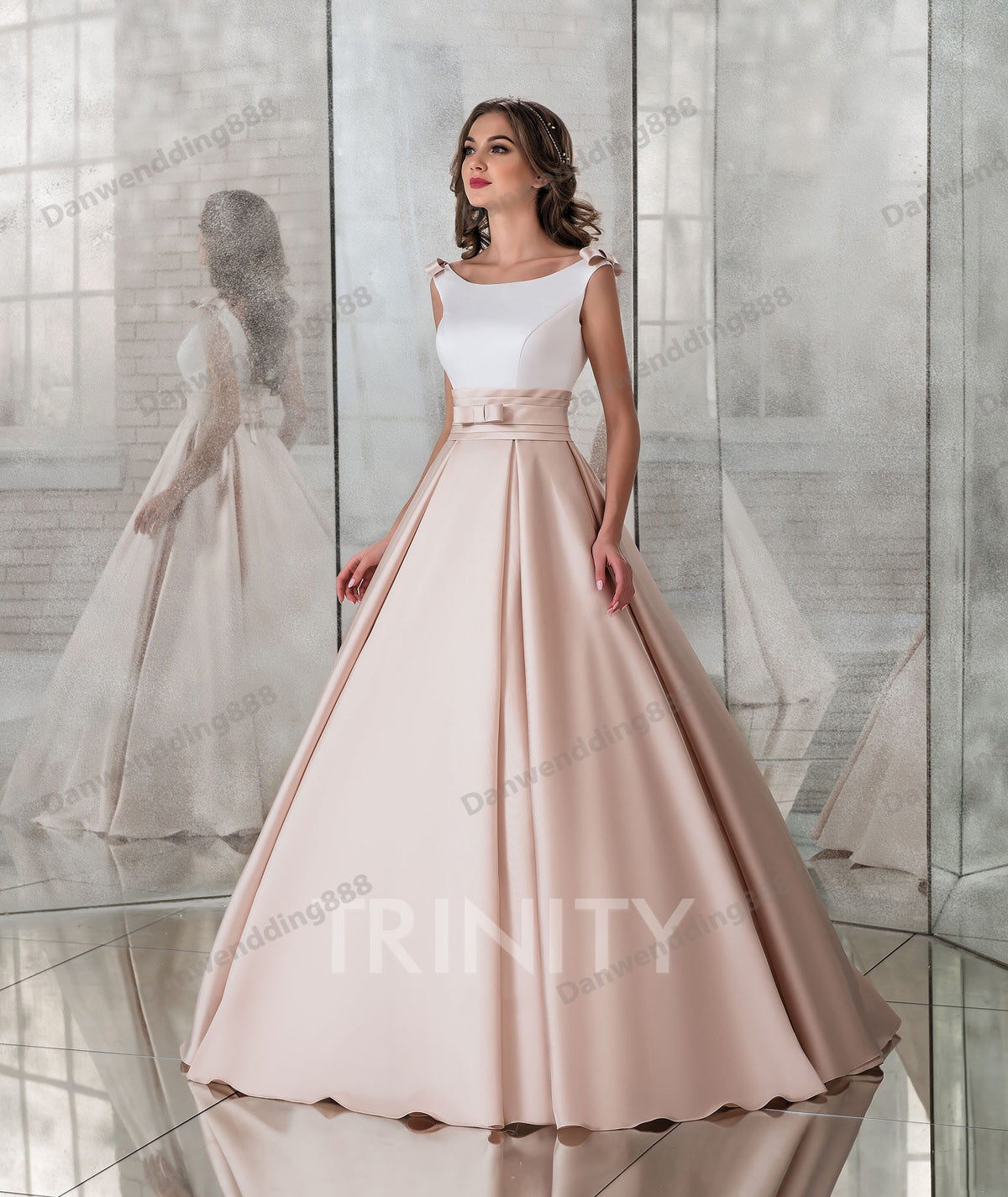 Grace Champagne-Ivory Satin Scoop Bow A-Line Wedding Dresses Bridal Pageant Dresses Wedding Attire Dresses Custom Size 2-16 ZW611154