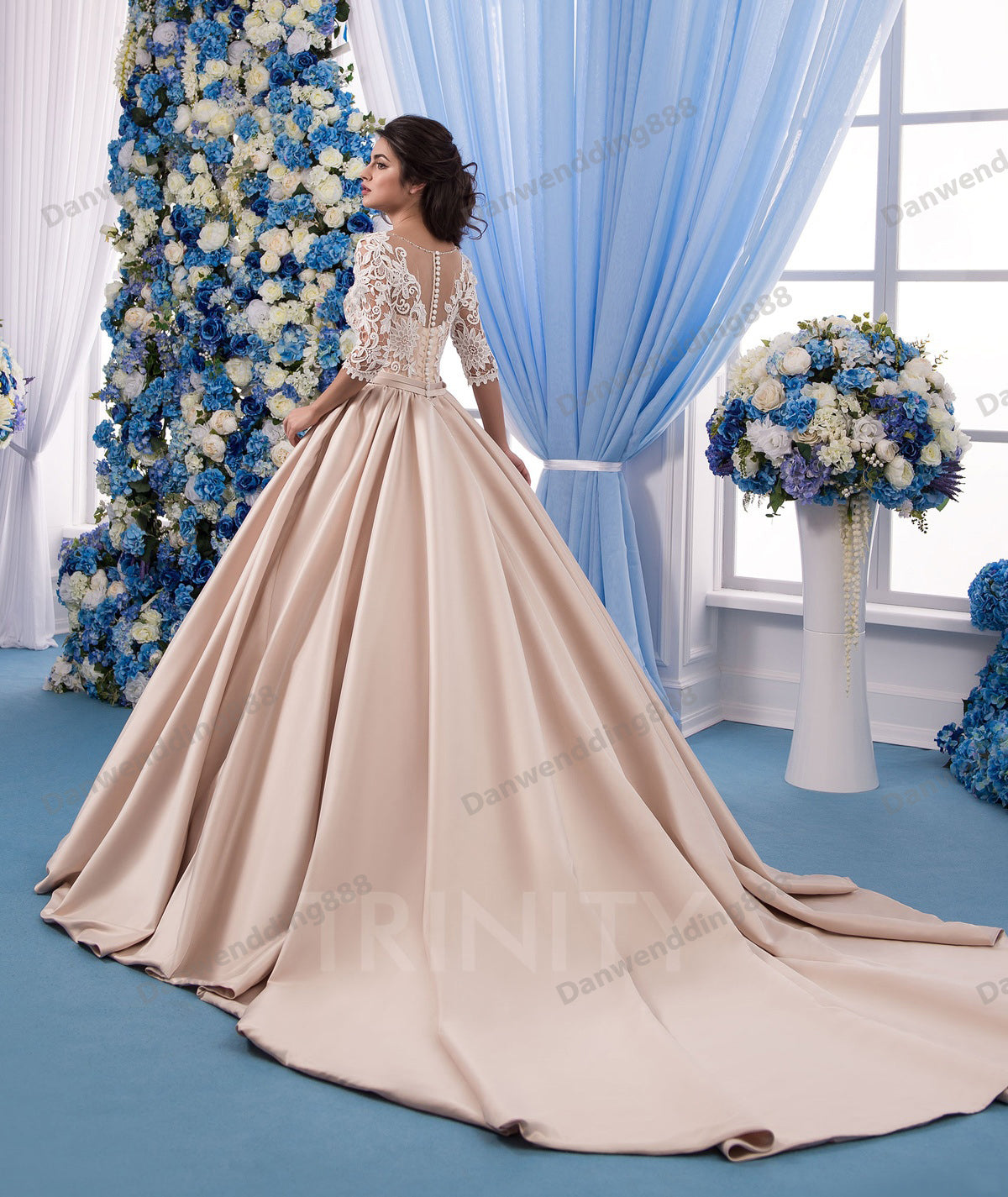 Beauty Champagne Satin Scoop Half Sleeves Ball Gown Wedding Dresses Bridal Pageant Dresses Wedding Attire Dresses Custom Size 2-16 ZW612236