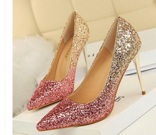 Autumn new style Bright cloth pointed end high heel shoes women Fine heel Shallow mouth Gradient color single shoes bride&#039;s wedding shoes