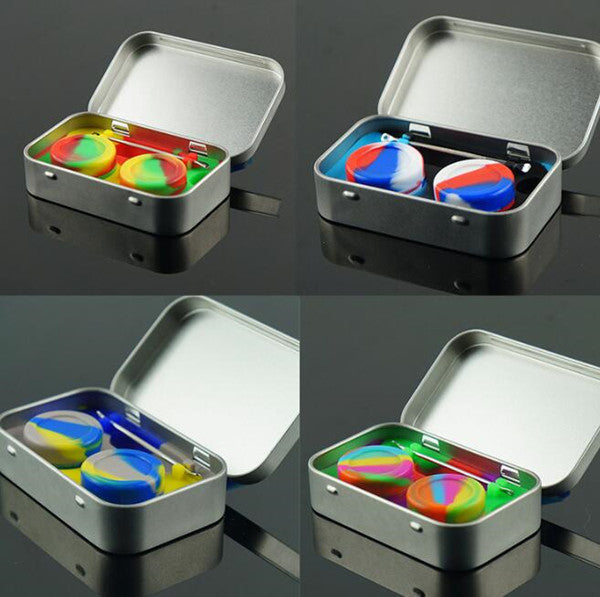 4 in 1 silicone rubber oil jar dabber tool storage dab wax bho extractor two silicone 2*5ml container in metal box for wax oil custom logo